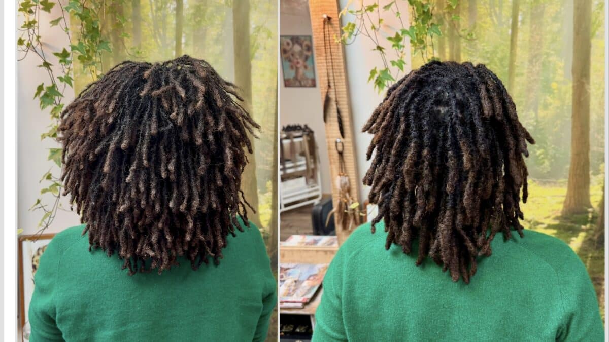Before-and-after transformation of natural dreadlocks: turning fine twists into thick, sturdy locks