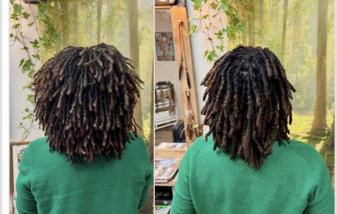 Before-and-after transformation of natural dreadlocks: turning fine twists into thick, sturdy locks